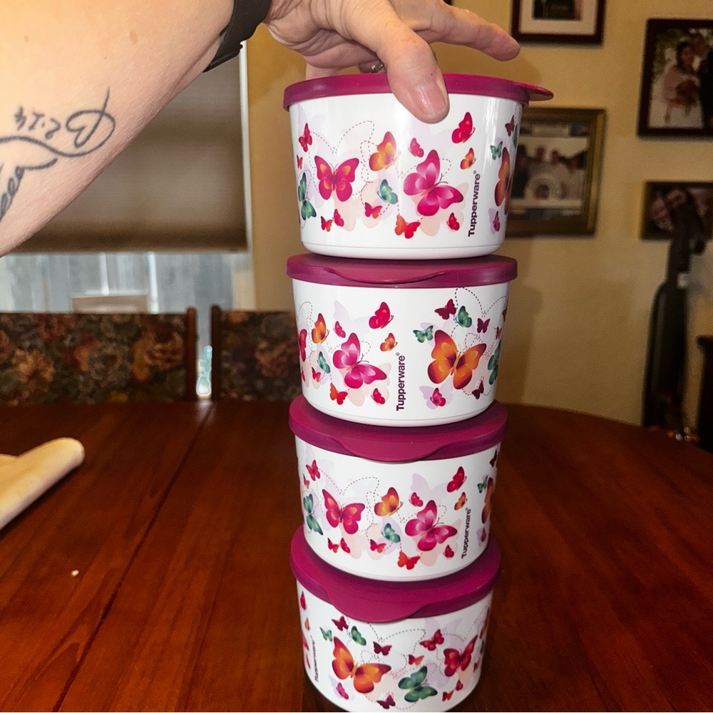Butterfly Tupperware Container set 4 3¼-cups Stackable w/click-together seals. - Picture 3 of 3